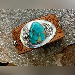 Turquoise and Sterling Leather Cuff, up to 7 1/4” wrist